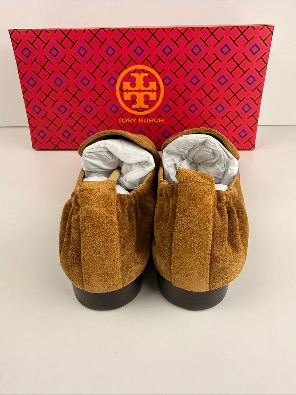 Tory Burch Kira 20mm Elastic Loafers Rhum Brown Suede Slip On Flats Size 6